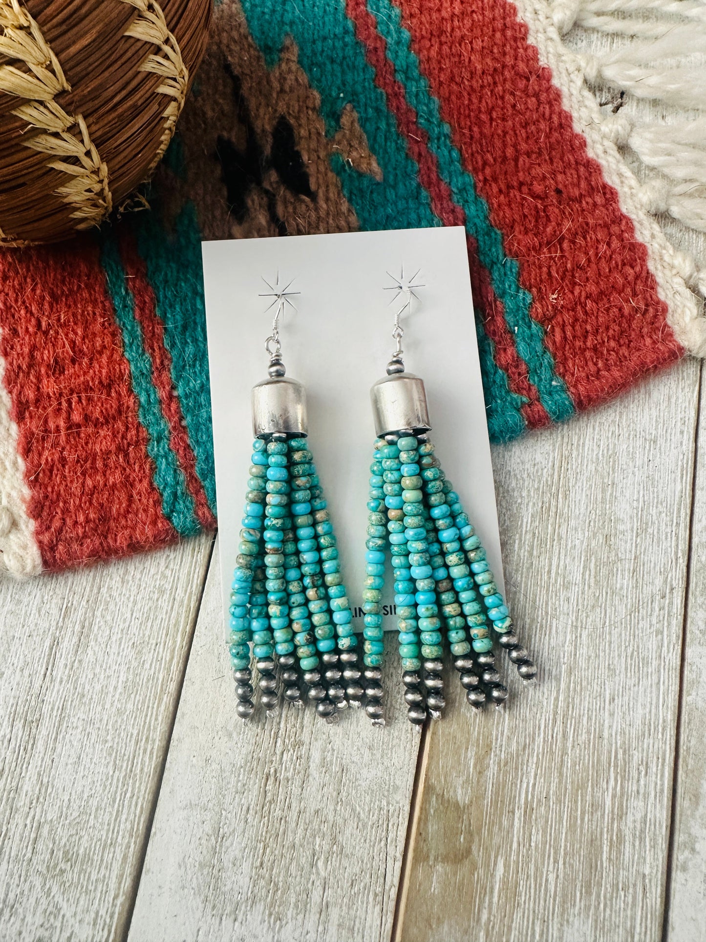 Handcrafted Lighter Turquoise & Sterling Silver Pearl Beaded Tassel Dangle Earrings