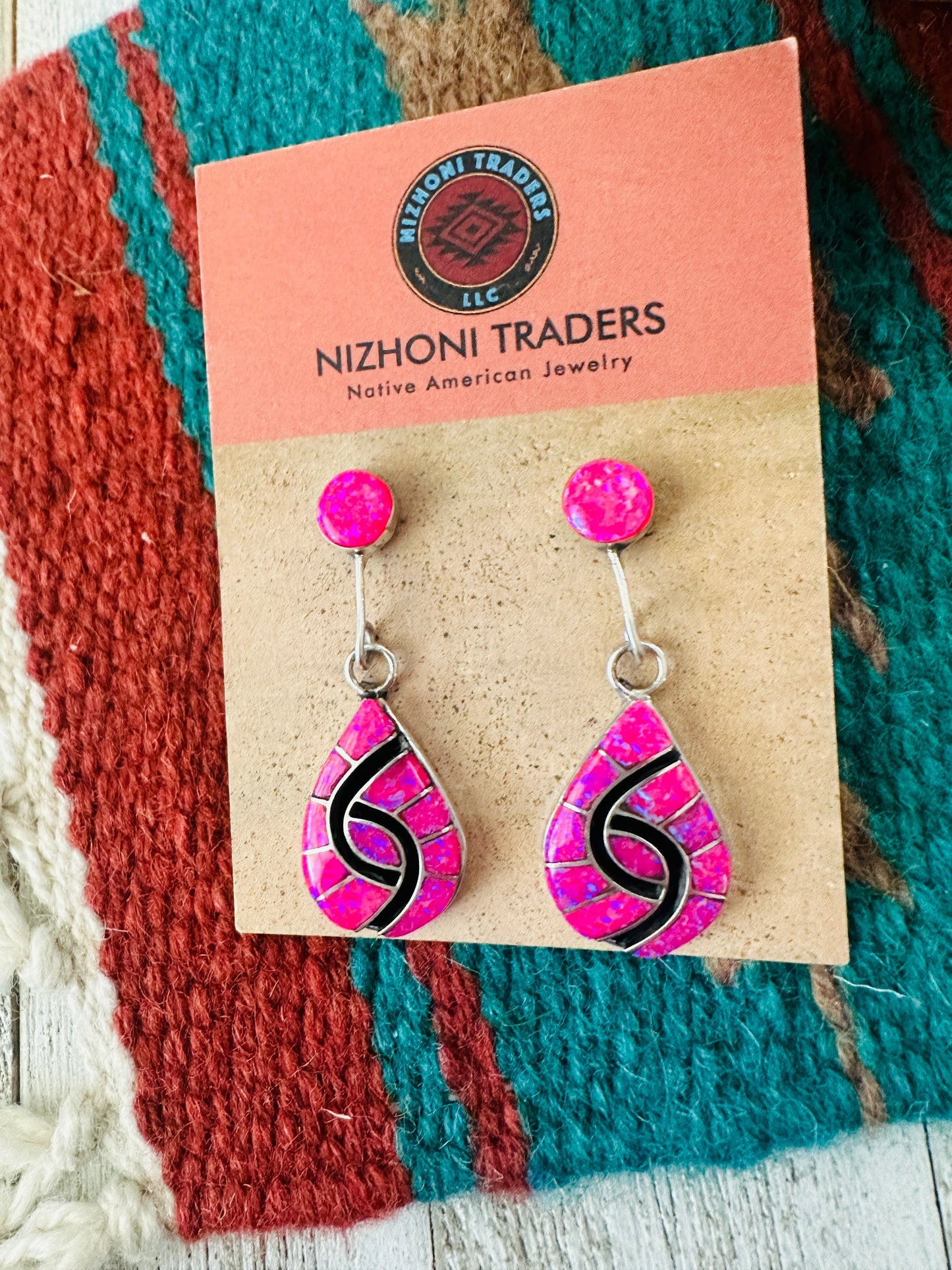 Handcrafted Pink Opal, Onyx & Sterling Silver Inlay Dangle Earrings