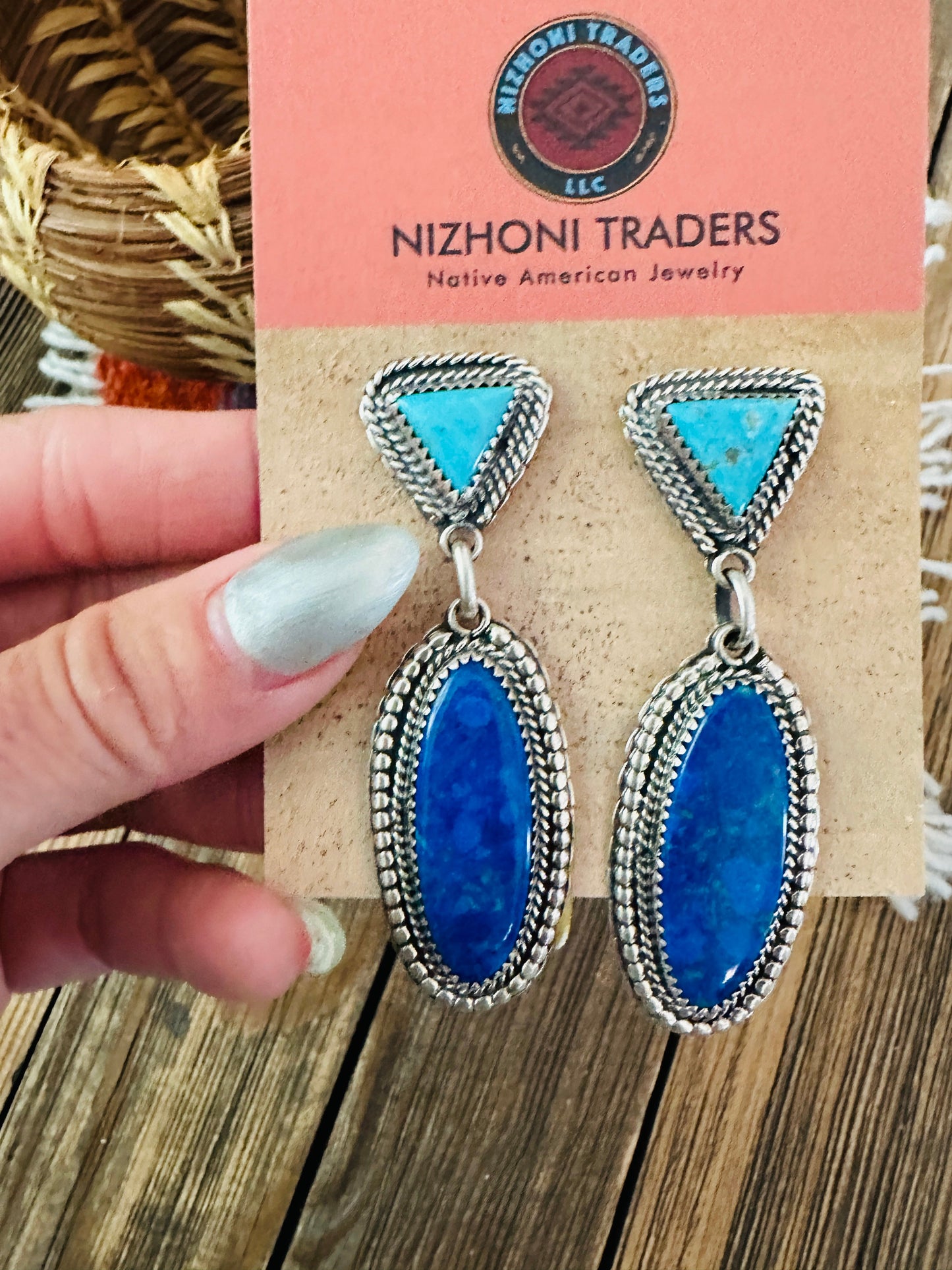 Handcrafted Lapis, Turquoise & Sterling Silver Dangle Earrings