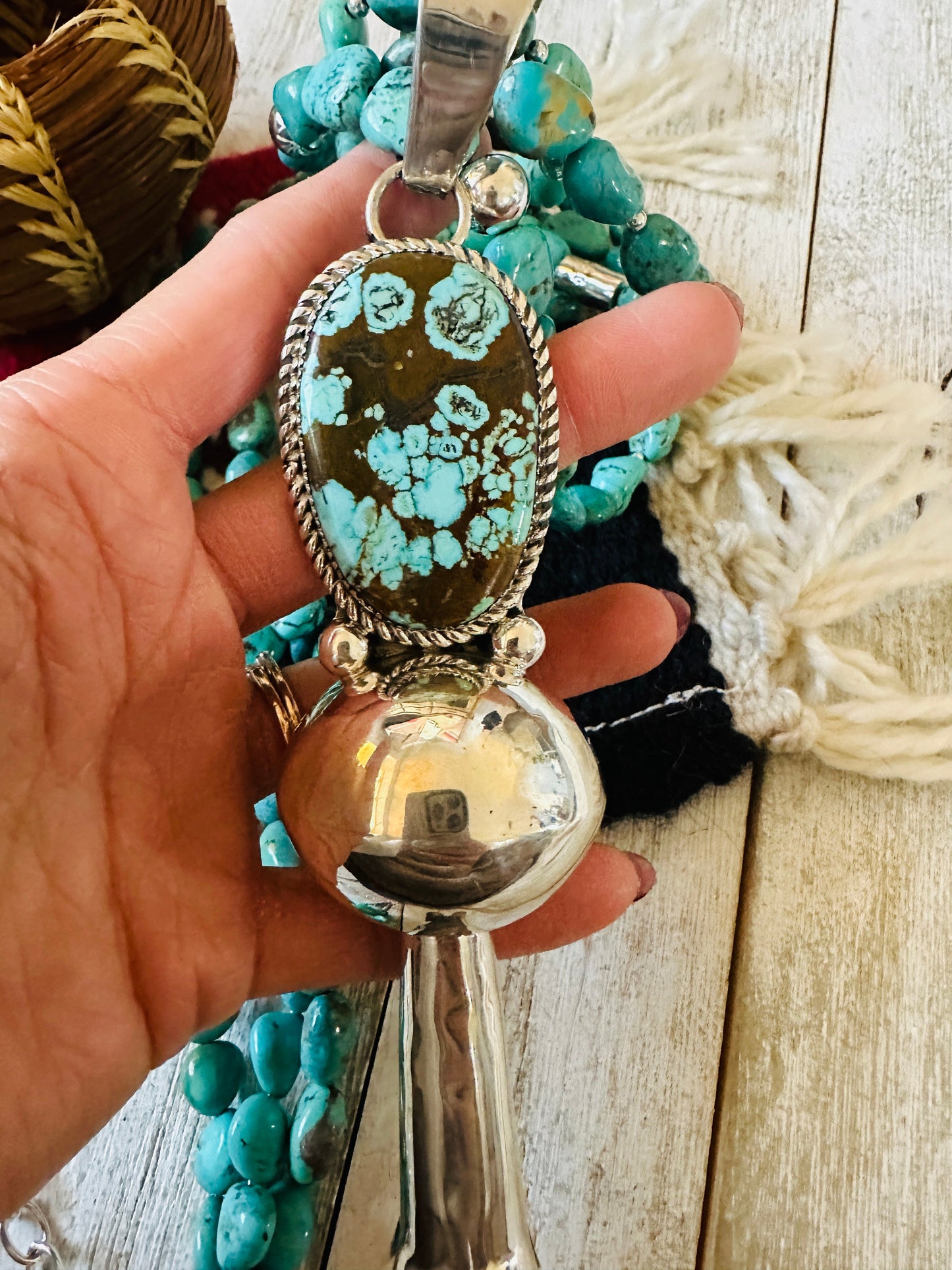 Vintage Old Pawn Handcrafted Turquoise & Sterling Silver Beaded Blossom Necklace