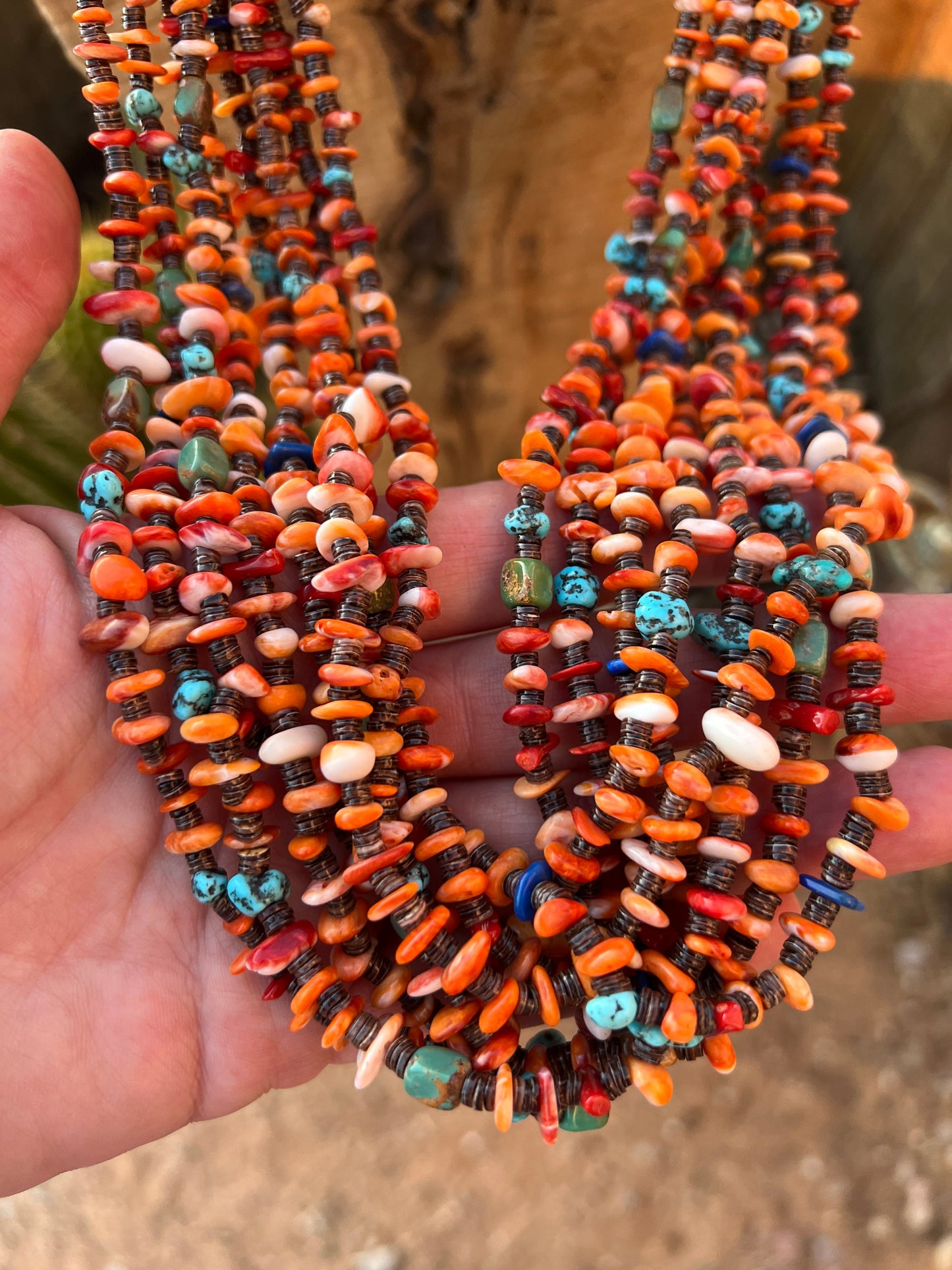 Gorgeous Handcrafted Made Eight Strand Spiny Oyster and Turquoise Beaded Squaw Wrap Necklace