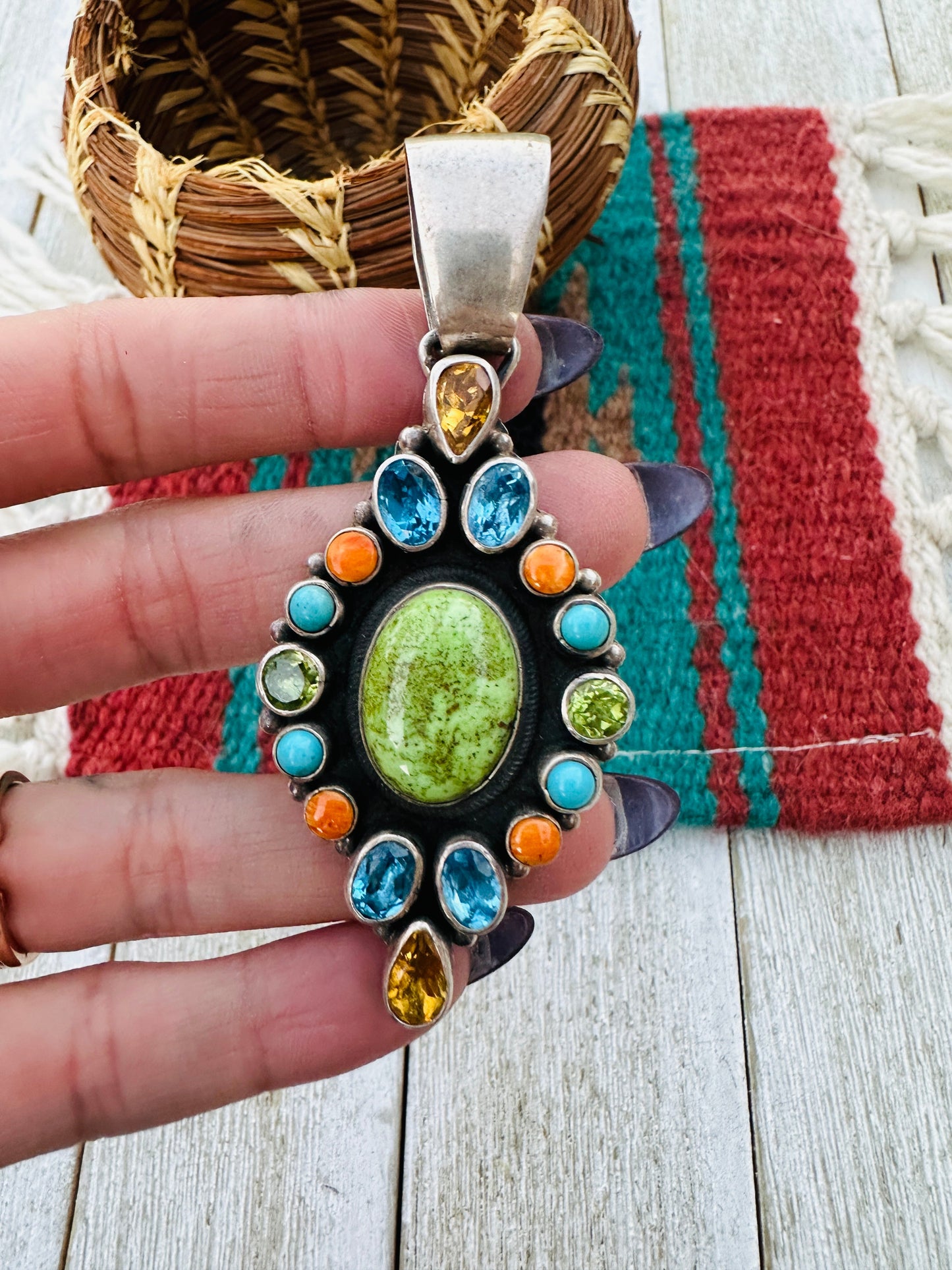 Old Pawn Handcrafted Multi Stone and Sterling Silver Inlay Pendant
