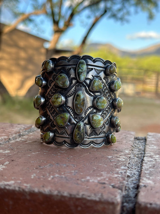 Larry James Palomino Turquoise & Sterling Silver Cluster Cuff Bracelet /