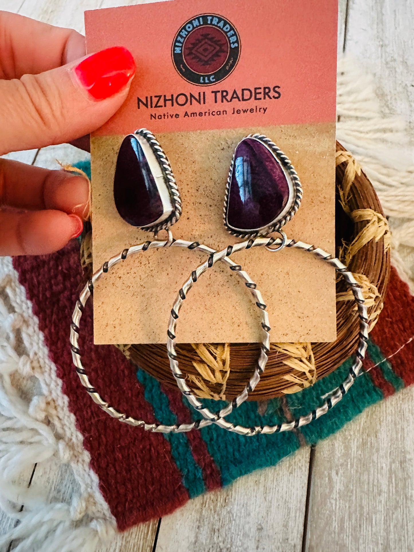 Handcrafted Purple Spiny and Sterling Silver Dangle Hoop Earrings