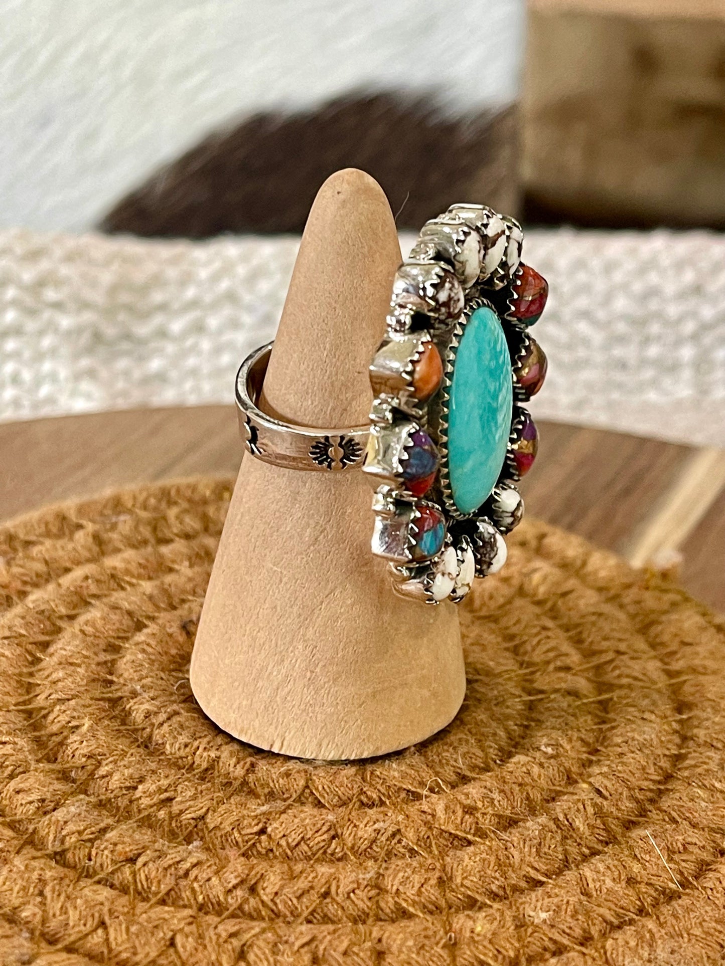 Handcrafted Sterling Silver & Multi Stone Adjustable Cluster Ring