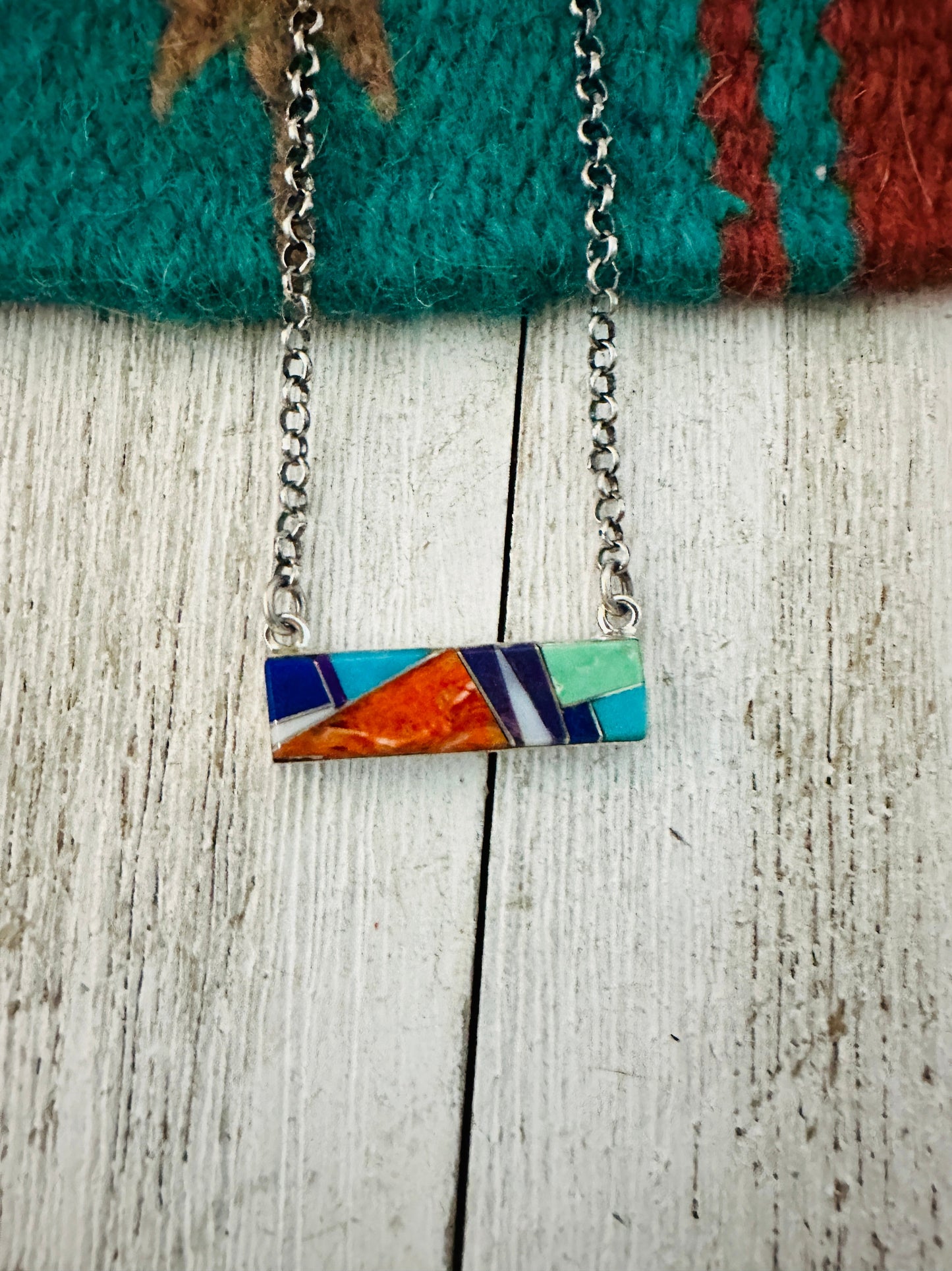 Handcrafted Multi Stone & Sterling Silver Inlay Bar Necklace