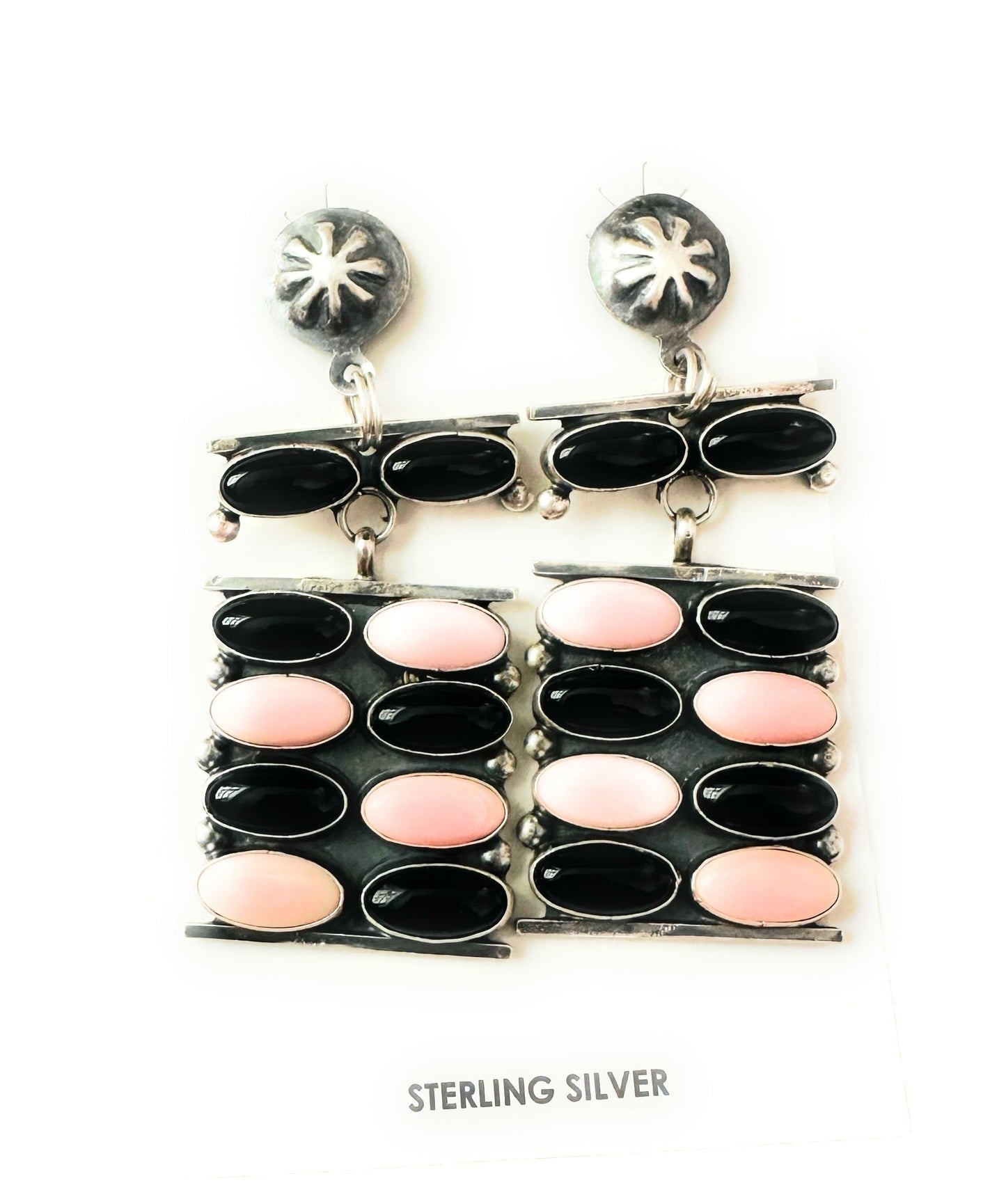 Handcrafted Queen Pink Conch, Onyx & Sterling Silver Dangle Earrings