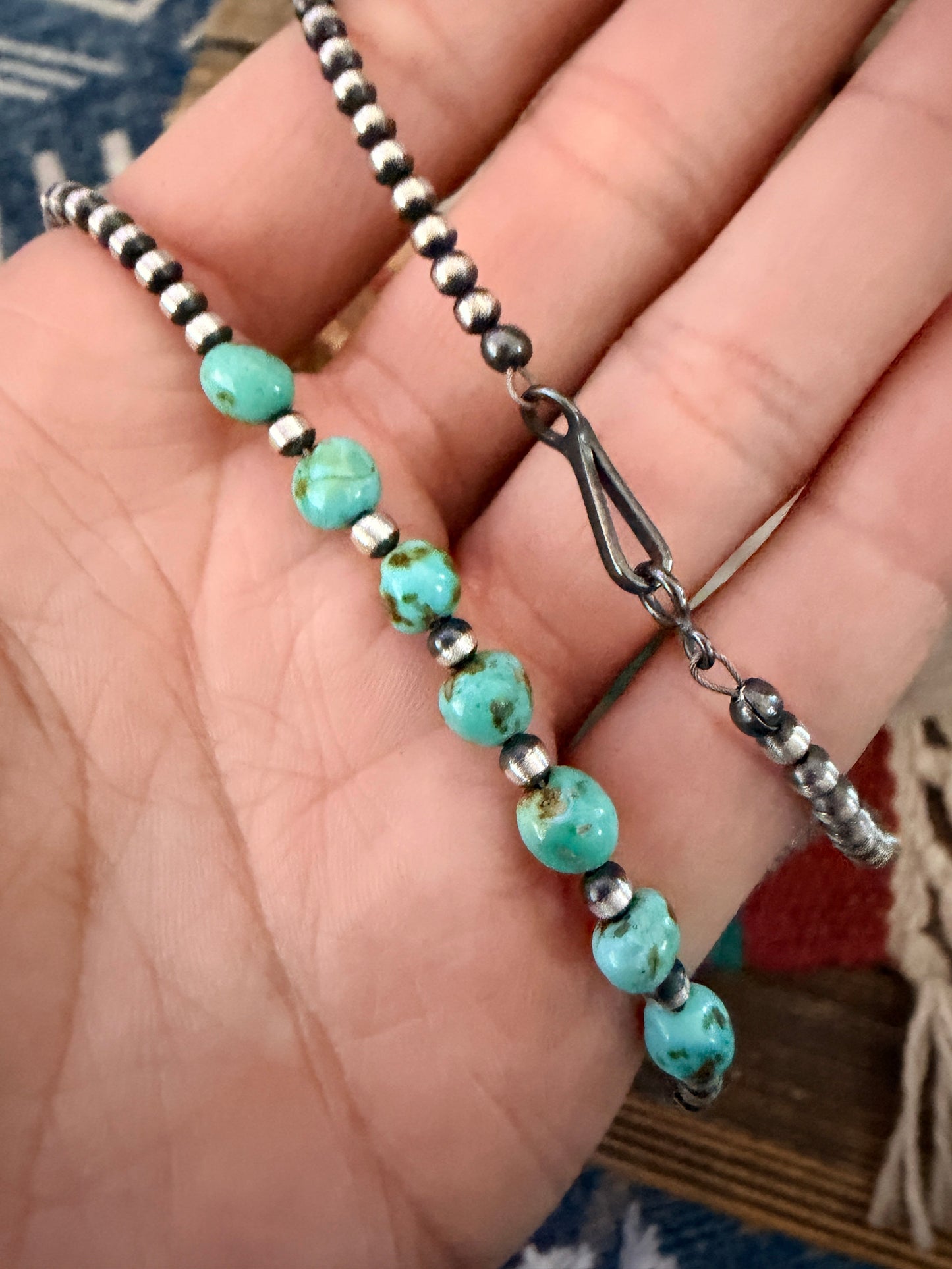 Handcrafted 7 Stone Turquoise & 3mm Sterling Silver Pearl Beaded Necklace