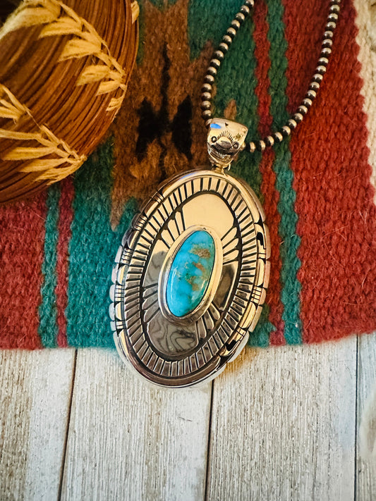 Handcrafted Sonoran Gold Turquoise & Sterling Silver Pendant, Signed LK