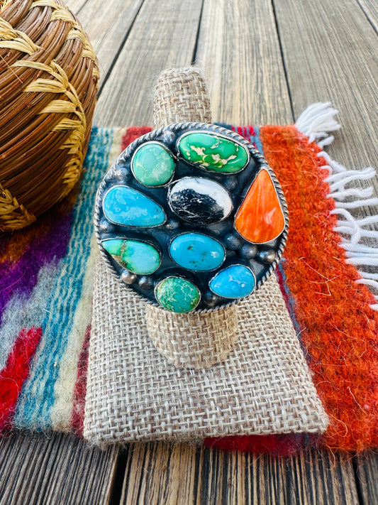 Handcrafted Sterling Silver & Multi Stone Cluster Adjustable Ring by Vicky Hicks