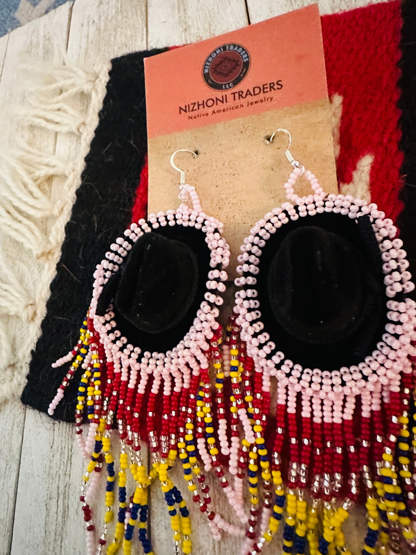 Handcrafted Beaded Cowboy Hat Dangle Earrings- pink