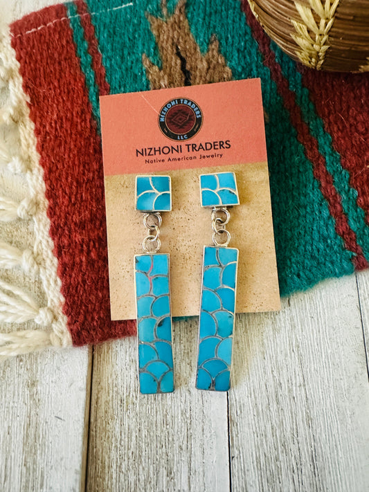 Handcrafted Sterling Silver & Turquoise Inlay Dangle Earrings