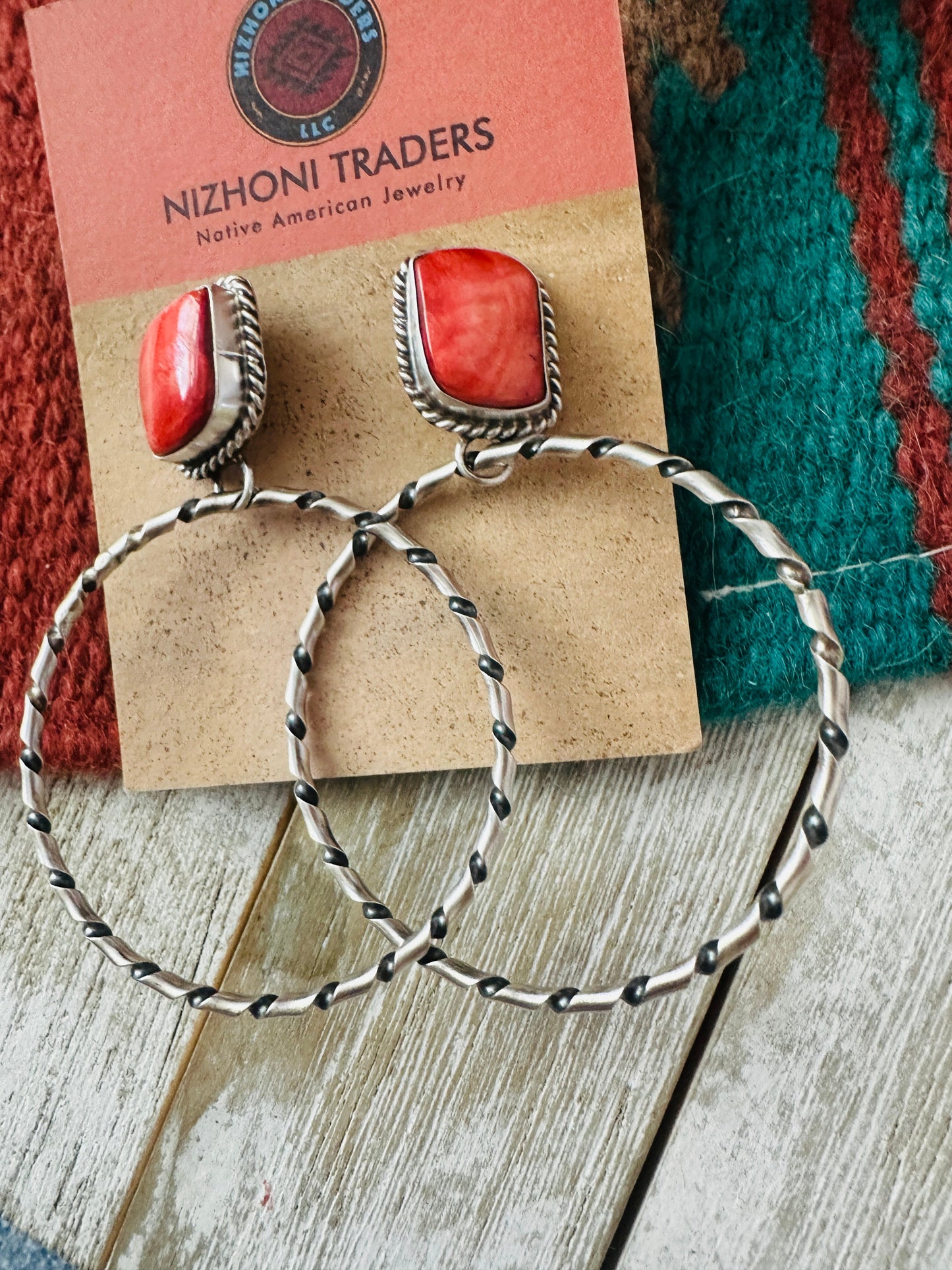 Handcrafted Orange Spiny and Sterling Silver Dangle Hoop Earrings