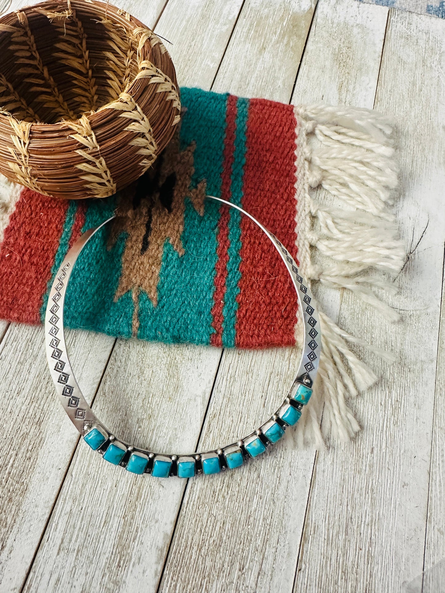 Handcrafted Turquoise & Sterling Silver Choker Collar Necklace by Leroy James