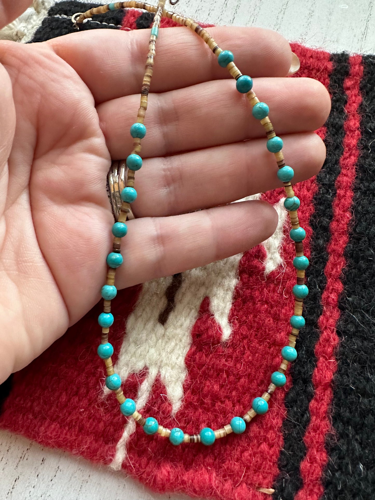 Handcrafted Turquoise And Heishi  Beaded Necklace 16”