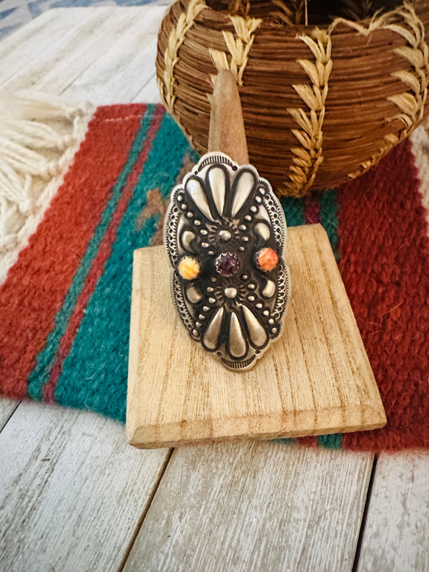 Handcrafted Spiny Oyster & Sterling Silver Adjustable Ring by Leander Tahe