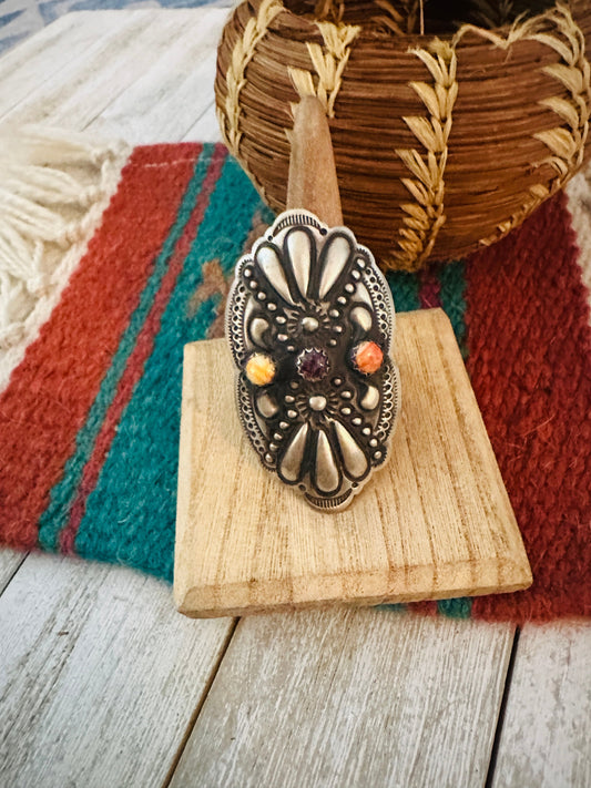 Handcrafted Spiny Oyster & Sterling Silver Adjustable Ring by Leander Tahe