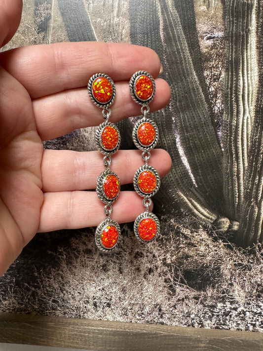 Handmade Orange Fire Opal and Sterling Silver Handmade Dangles