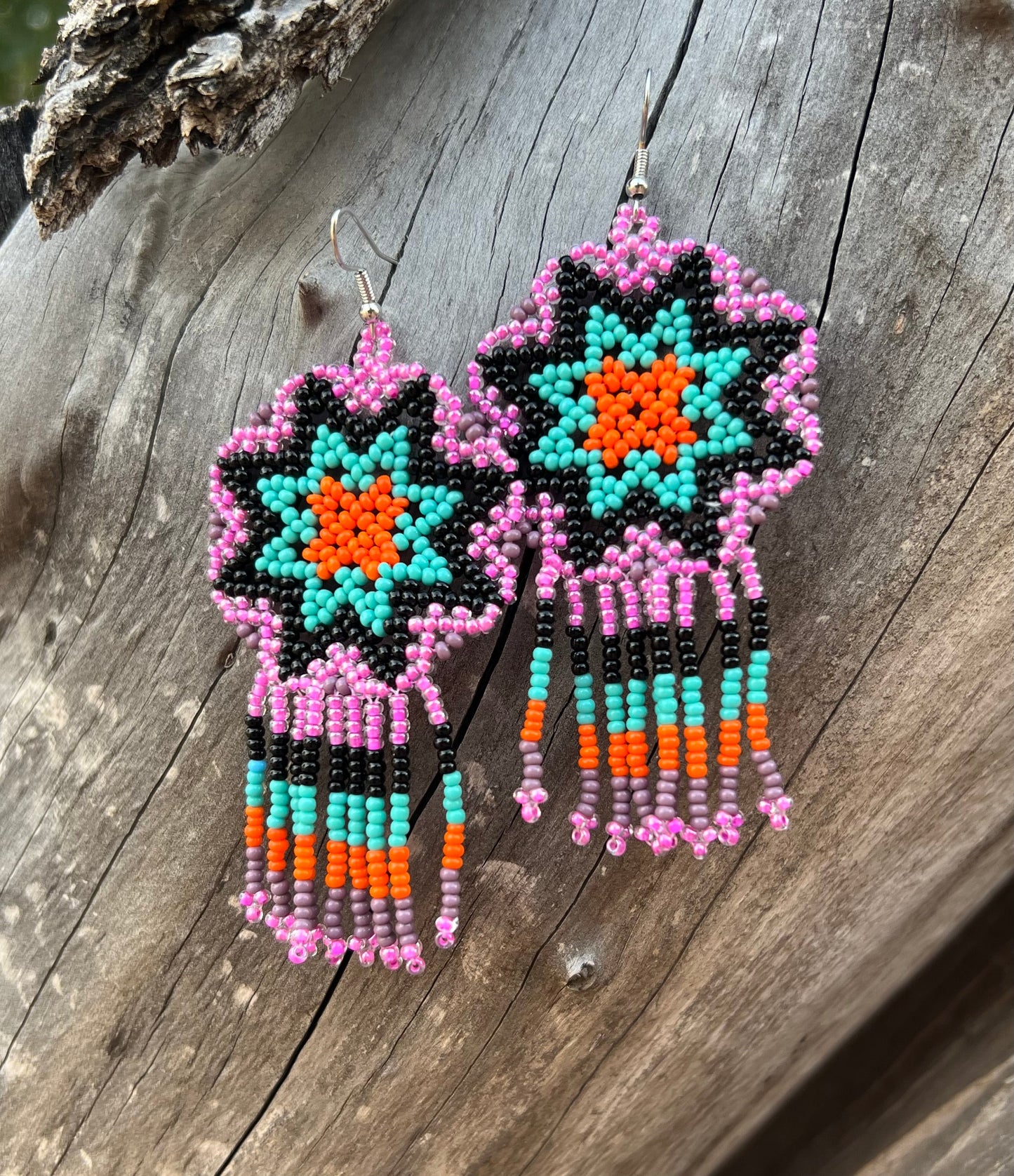 Handmade MultiColor Beaded Dangle Earrings (Purple, Turquoise, Orange)