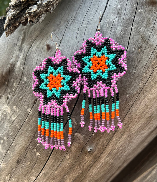 Handmade MultiColor Beaded Dangle Earrings (Purple, Turquoise, Orange)