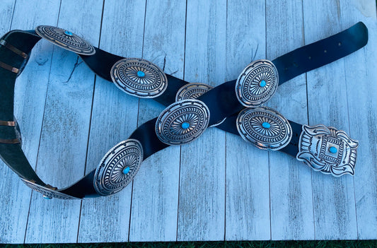 Handcrafted Vintage Black Leather And Sterling Silver Turquoise Concho Belt