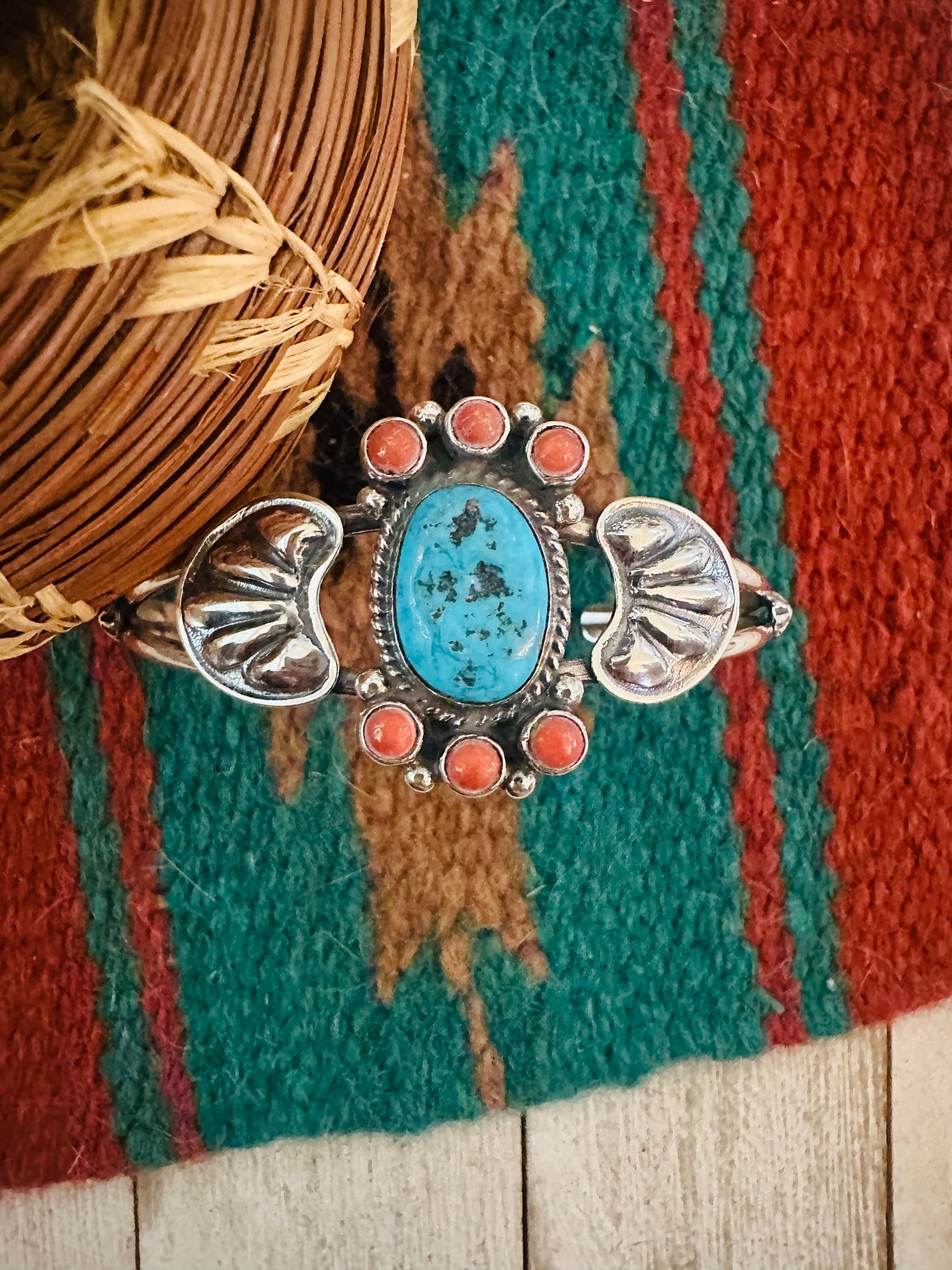 Handcrafted Turquoise, Coral & Sterling Silver Cluster Cuff Bracelet
