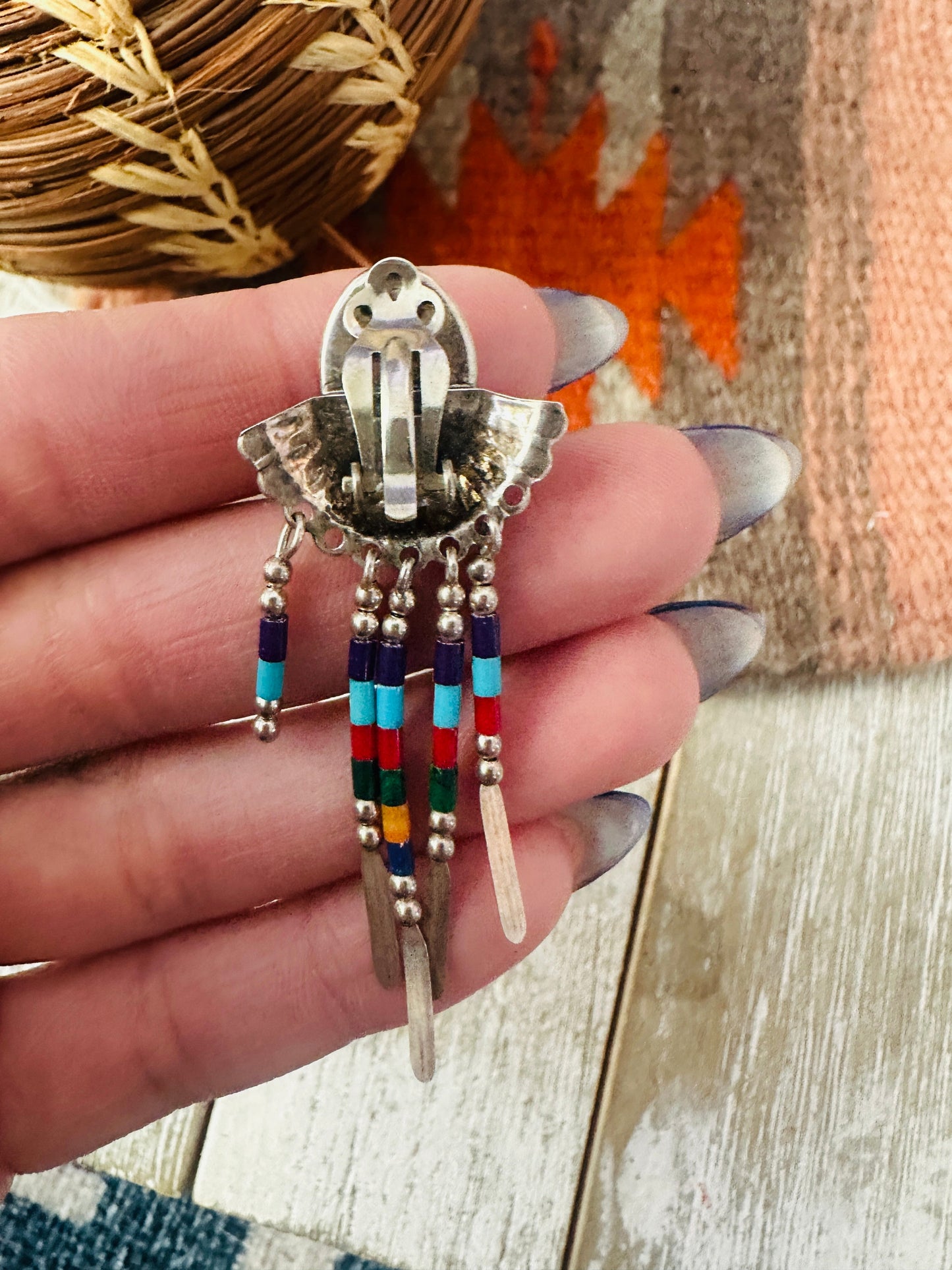 Handcrafted Sterling Silver & Multi Stone Inlay Dream Catcher Clip On Dangle Earrings