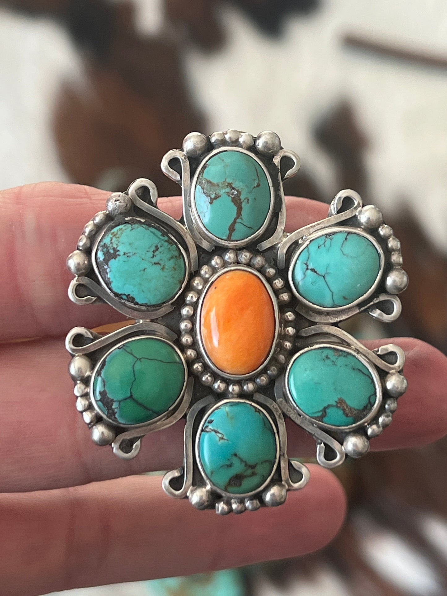 Rosella Paxson Sterling Silver, Hubei Turquoise and Spiny Oyster Shell Cluster Ring