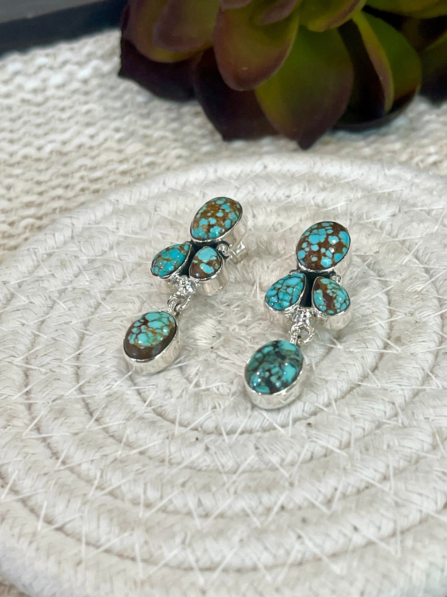 Handmade Sterling Silver Number 8 Turquoise Post Dangle Earrings with Signed Nizhoni