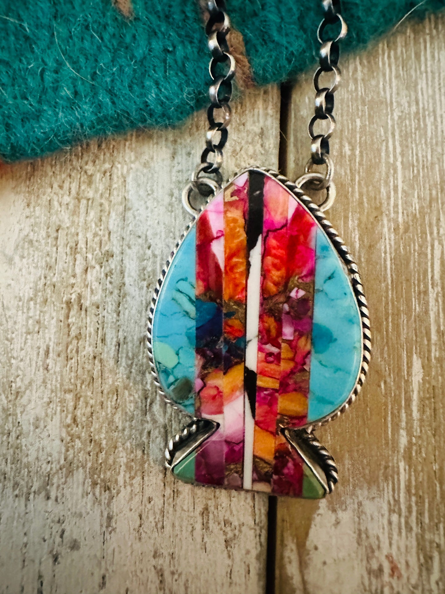 Handcrafted Sterling Silver & Multi Stone Inlay Spade Necklace