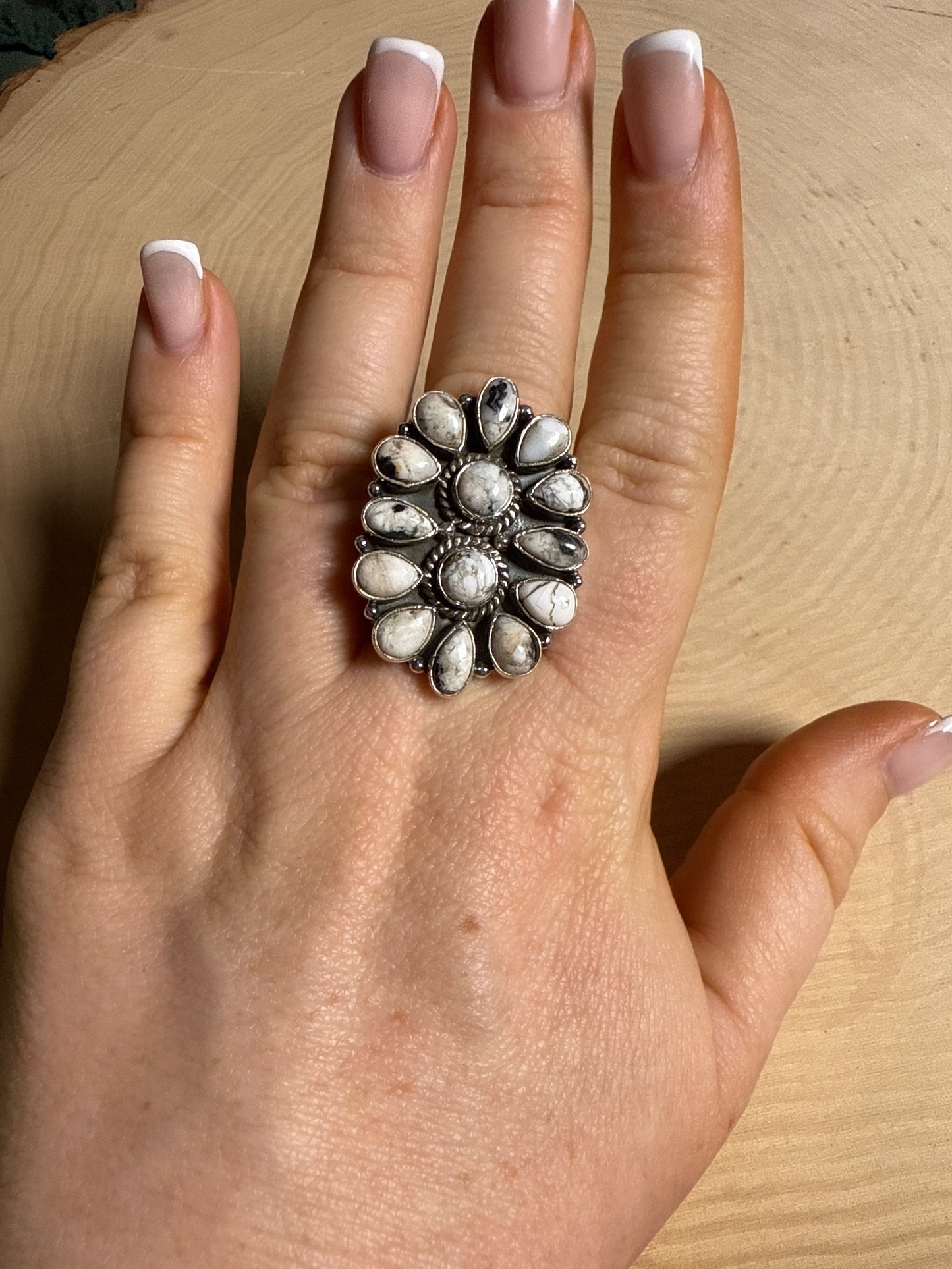 Handmade White Buffalo & Sterling Adjustable Cluster Ring
