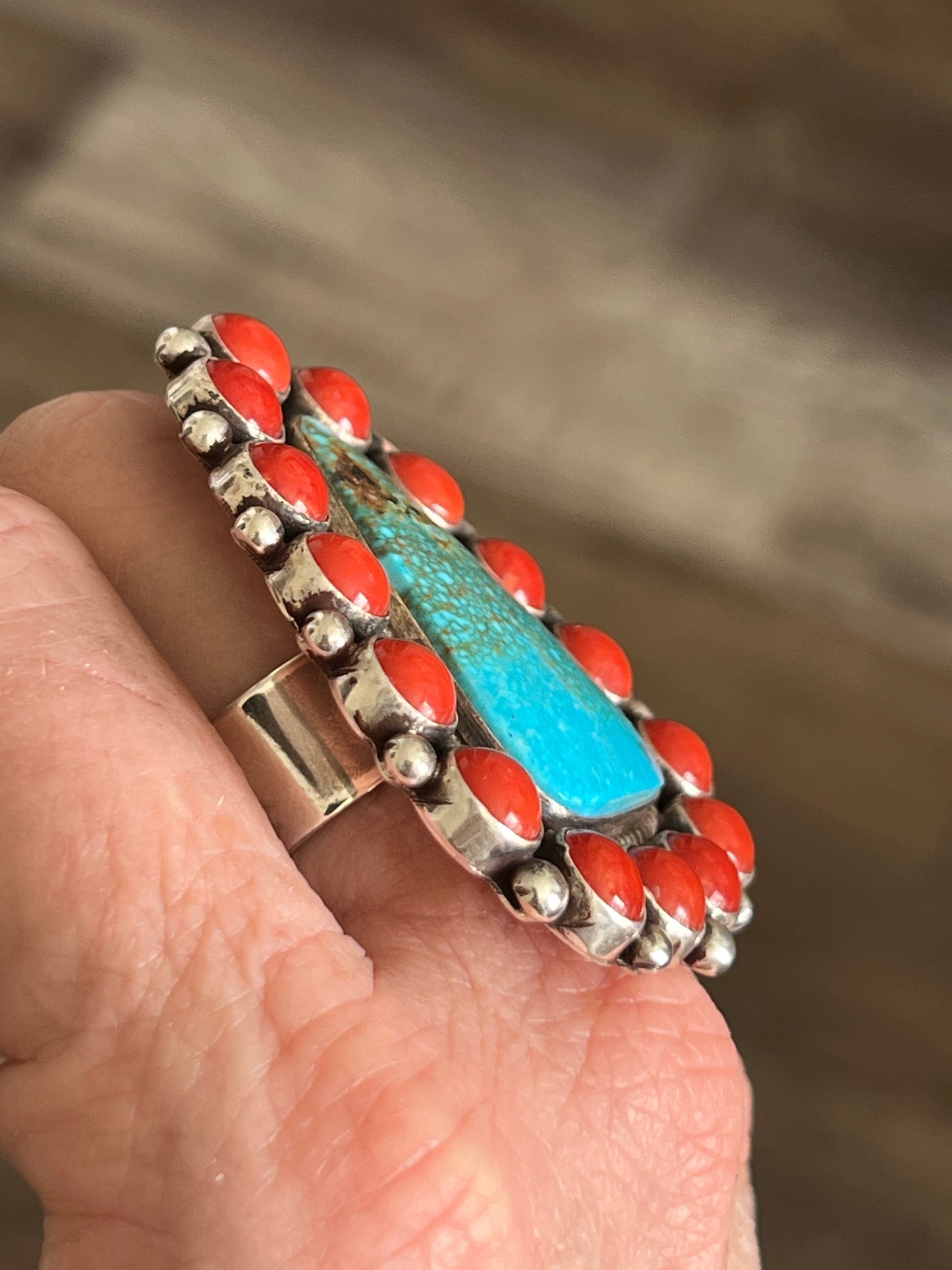 Handcrafted Sterling Silver, Kingman Turquoise and Mediterranean Coral Cluster Ring By Tyler Brown, Adjustable