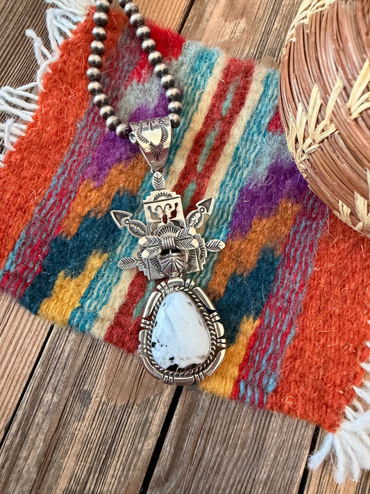 Handcrafted Sterling Silver and White Buffalo Kachina Pendant by Freddy Charley