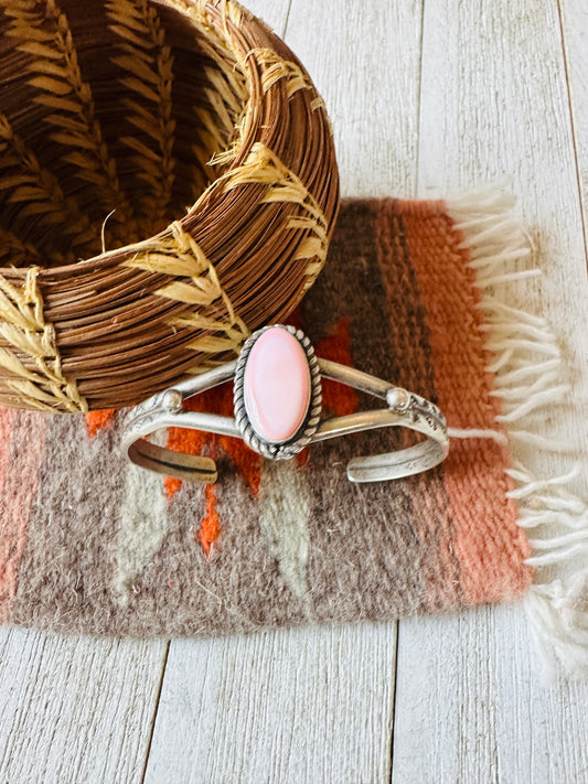 Handcrafted Queen Pink Conch Shell & Sterling Silver Cuff Bracelet