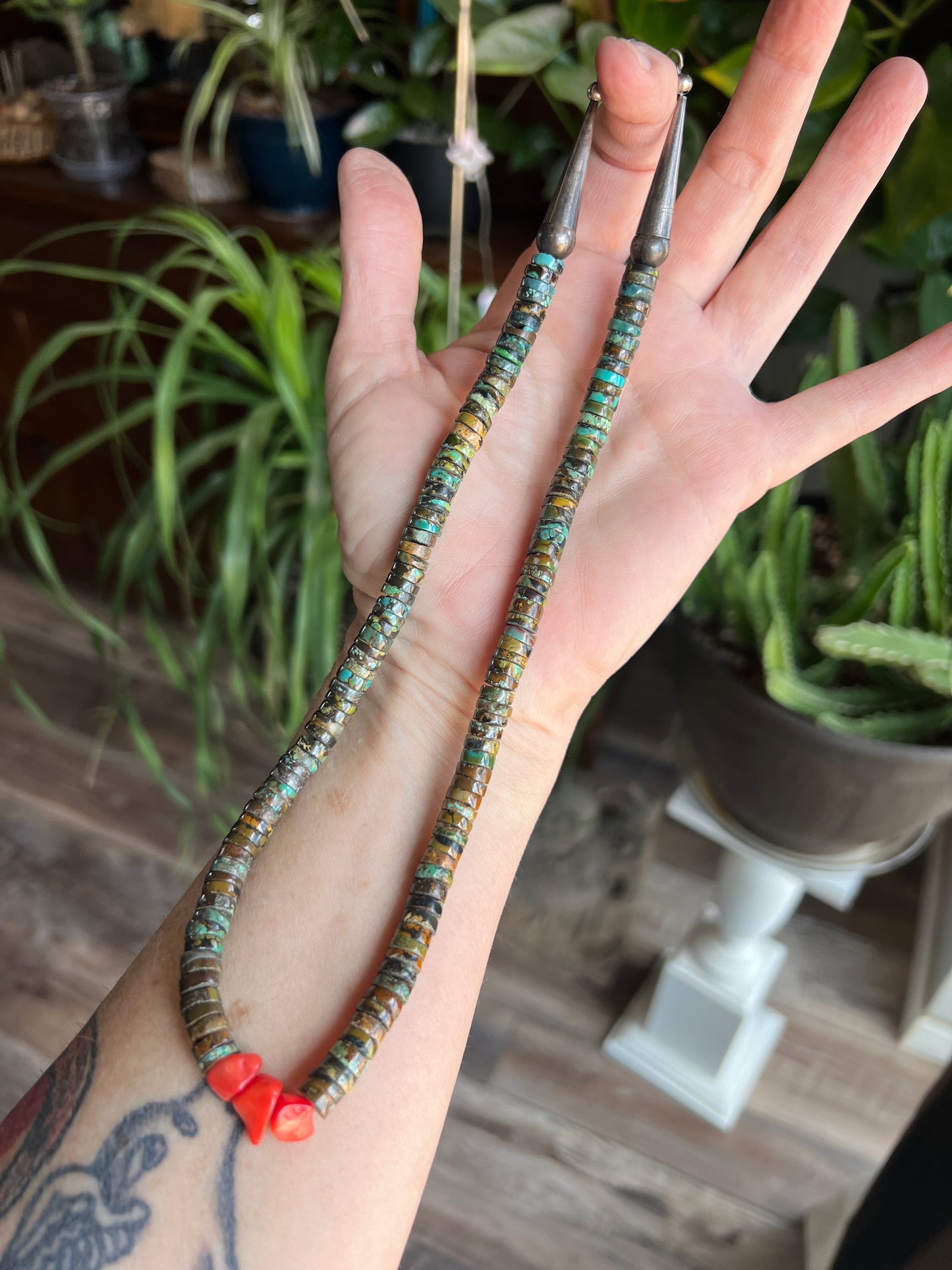 Handcrafted Hubei Turquoise Beaded Necklace with Sterling Silver and Bamboo Coral by Kirby Smith: 13 To Choose From!