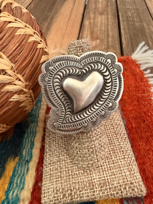 Handcrafted Sterling Silver Adjustable Heart Concho Ring by Leander Tahe