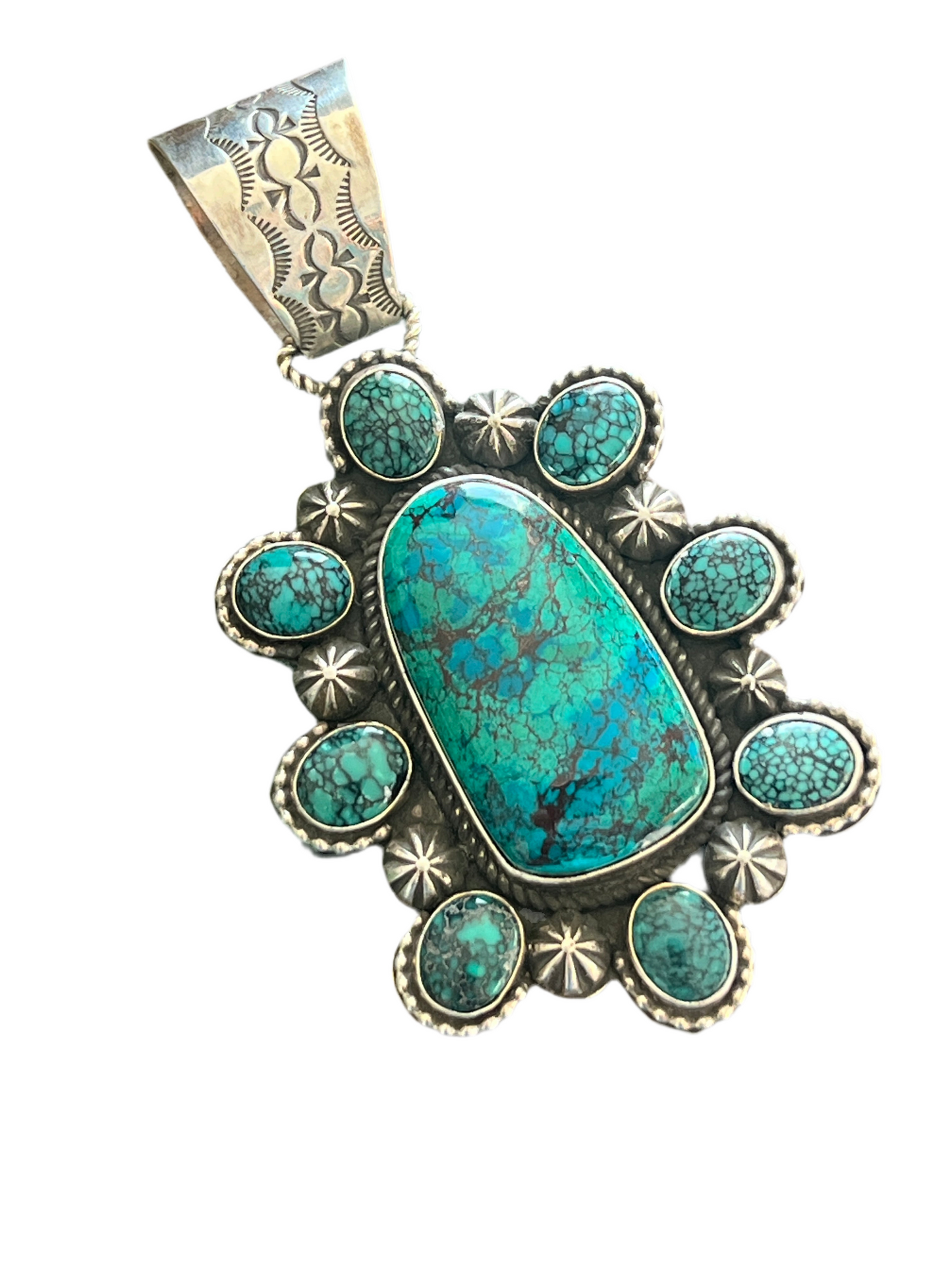 Apache Made Sterling Silver, Hubei Turquoise & Chrysocolla Cluster Pendant by Rosella Paxson