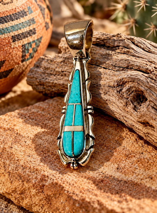 Handcrafted Turquoise 8 & Sterling Silver Jagged Pendant Necklace 24”