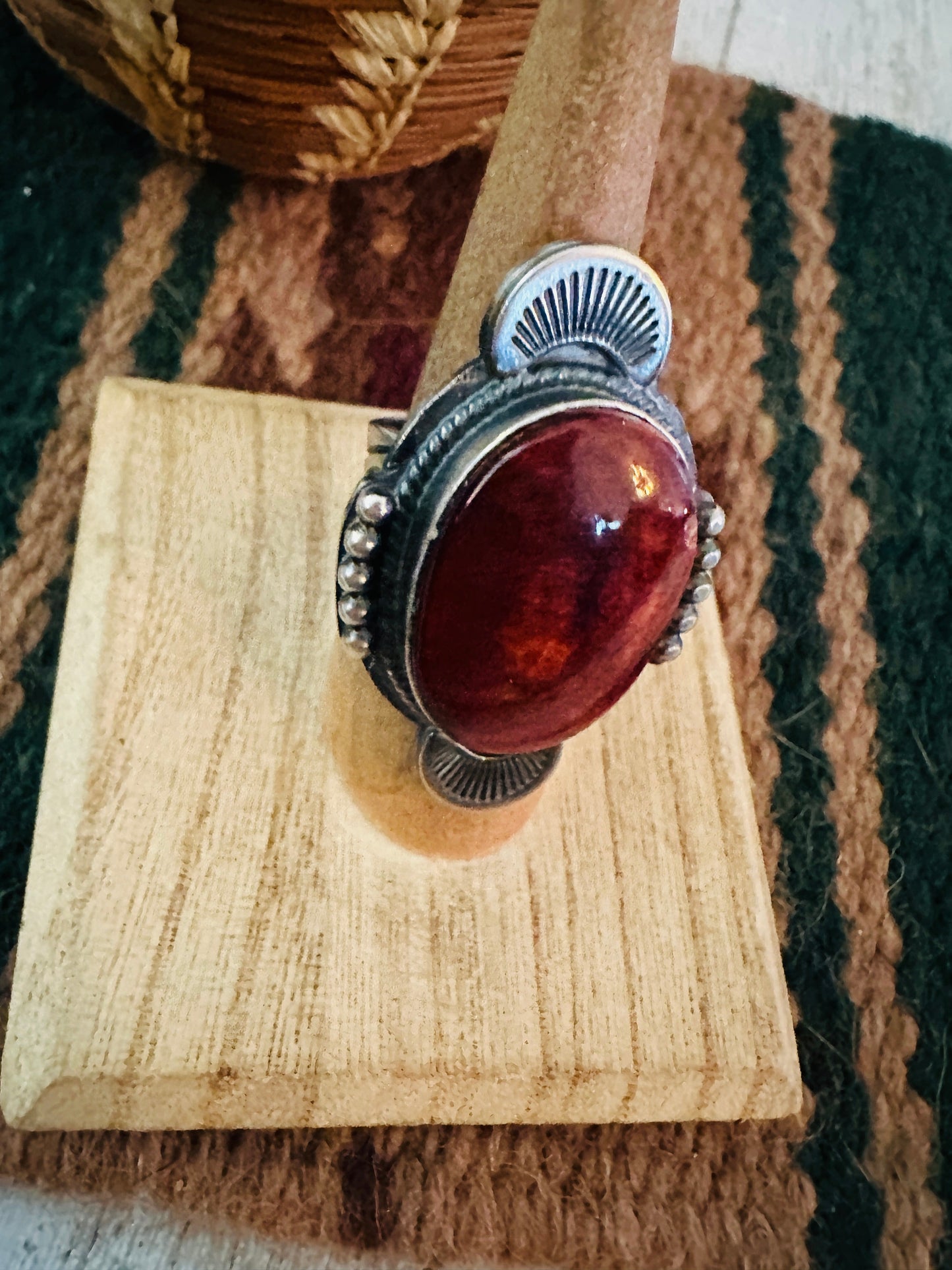 Handcrafted Orange Spiny & Sterling Silver Ring Size 7