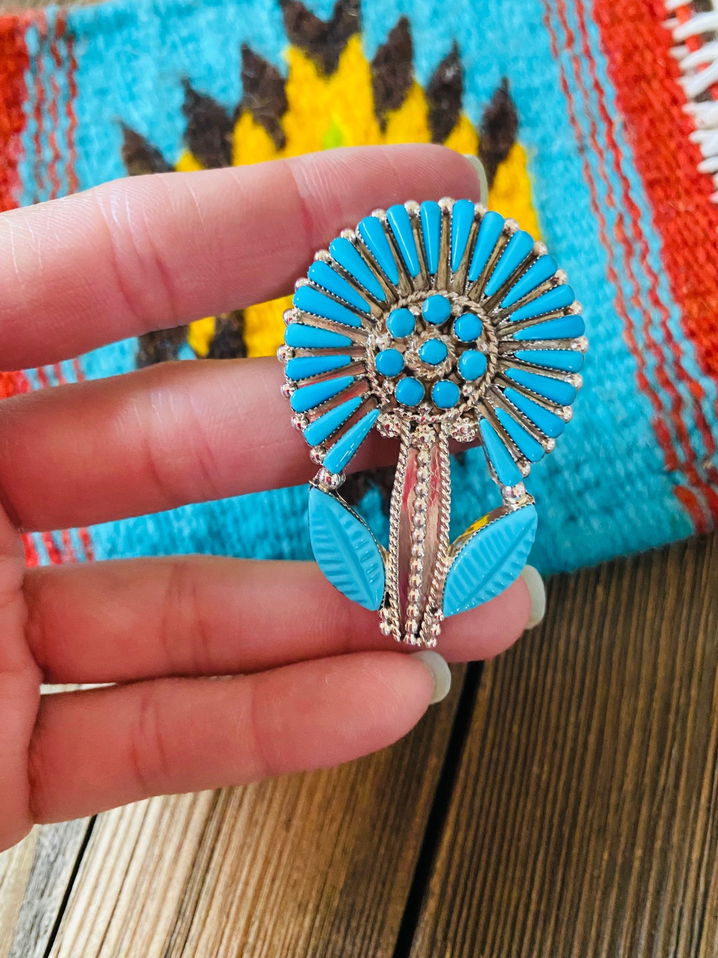 Handcrafted Sterling Silver & Turquoise Flower Pin/ Pendant