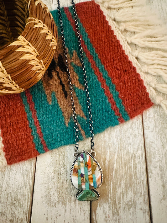 Handcrafted Sterling Silver & Multi Stone Inlay Spade Necklace