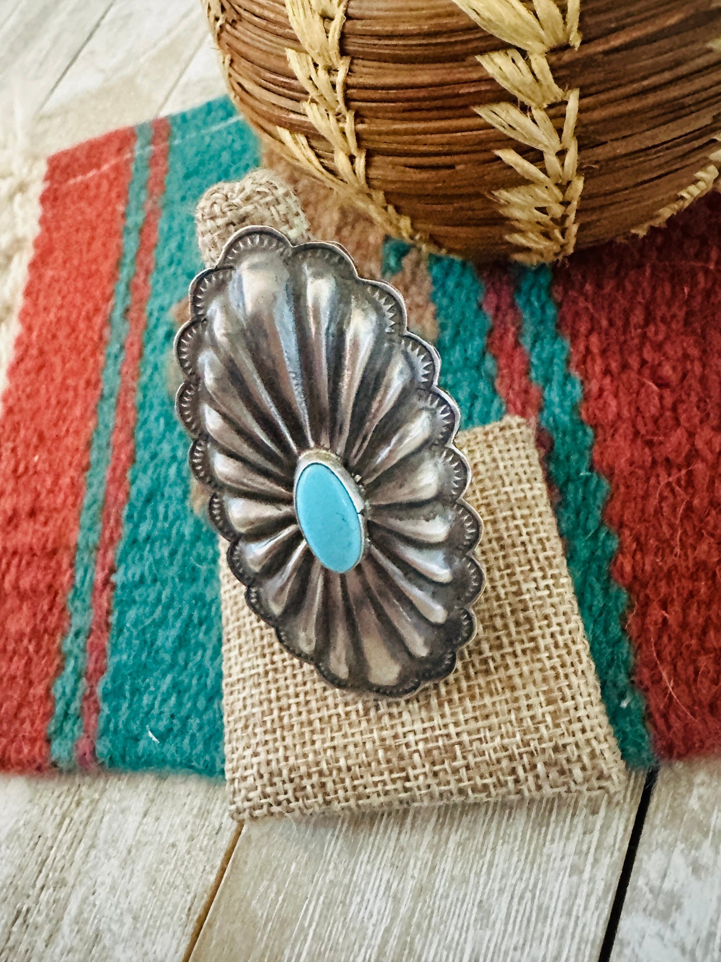 Handcrafted Turquoise & Sterling Silver Concho Ring Size 8.5