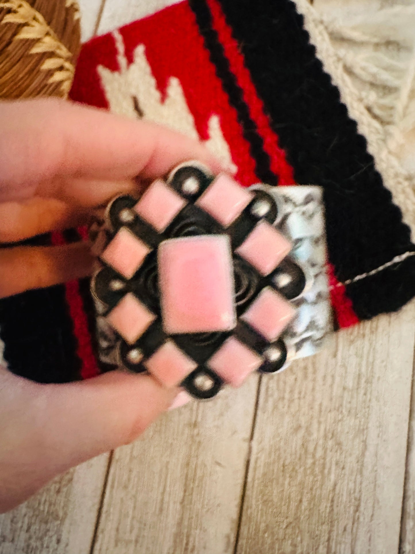 Handcrafted Queen Pink Conch Shell & Sterling Silver Cuff Bracelet by Chimney Butte