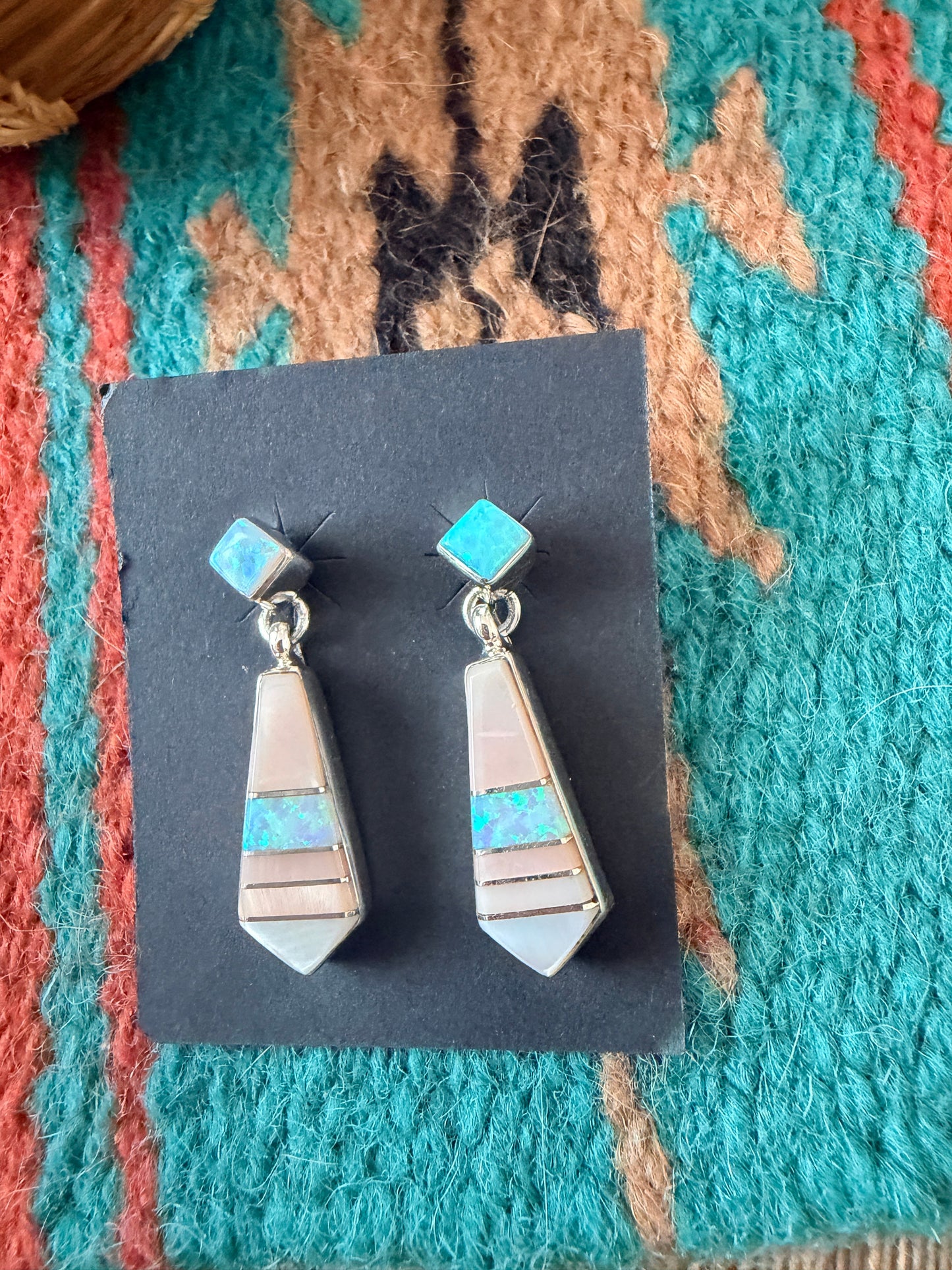 Handcrafted Mother of Pearl, Opal & Sterling Silver Inlay Dangle Earrings