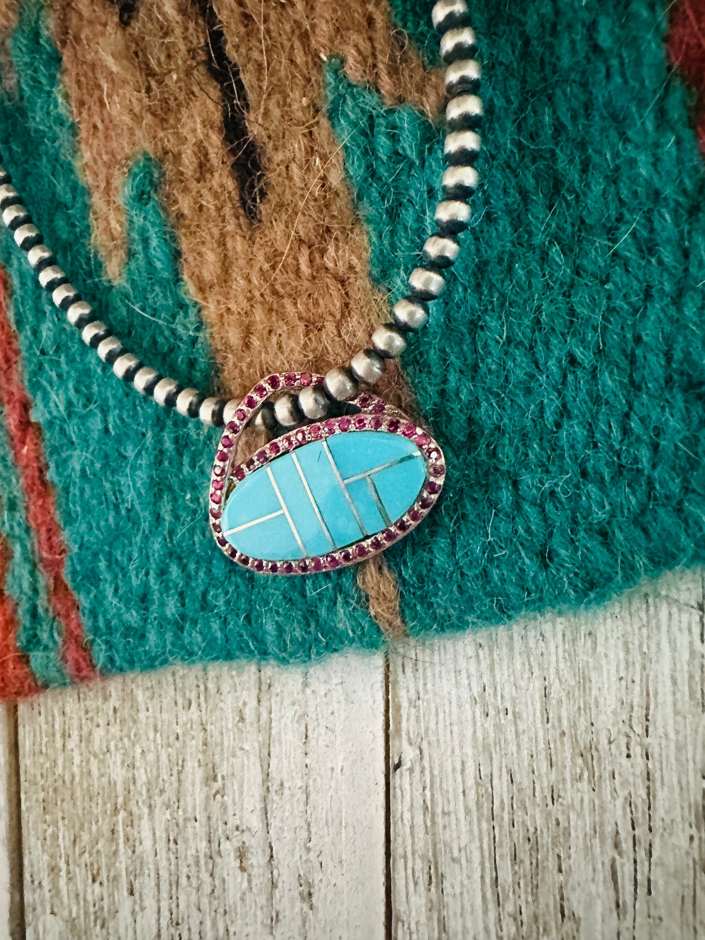 Handcrafted Turquoise, Garnet & Sterling Silver Inlay Pendant