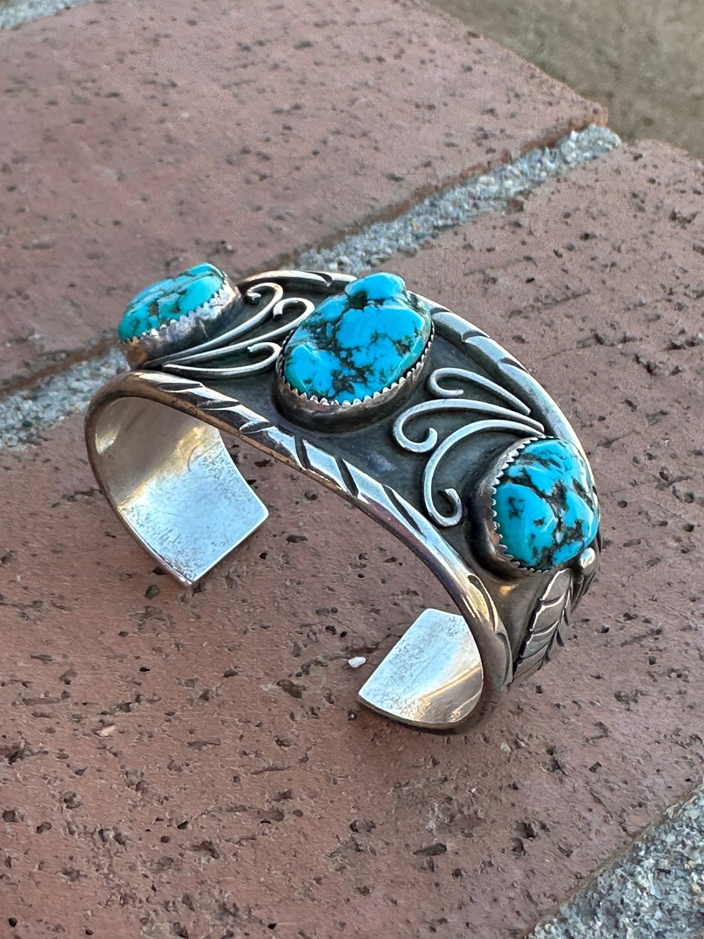 Estate Collection Old Pawn Handcrafted Sterling Silver & Natural Kingman 3 Stone Turquoise Cuff Bracelet /