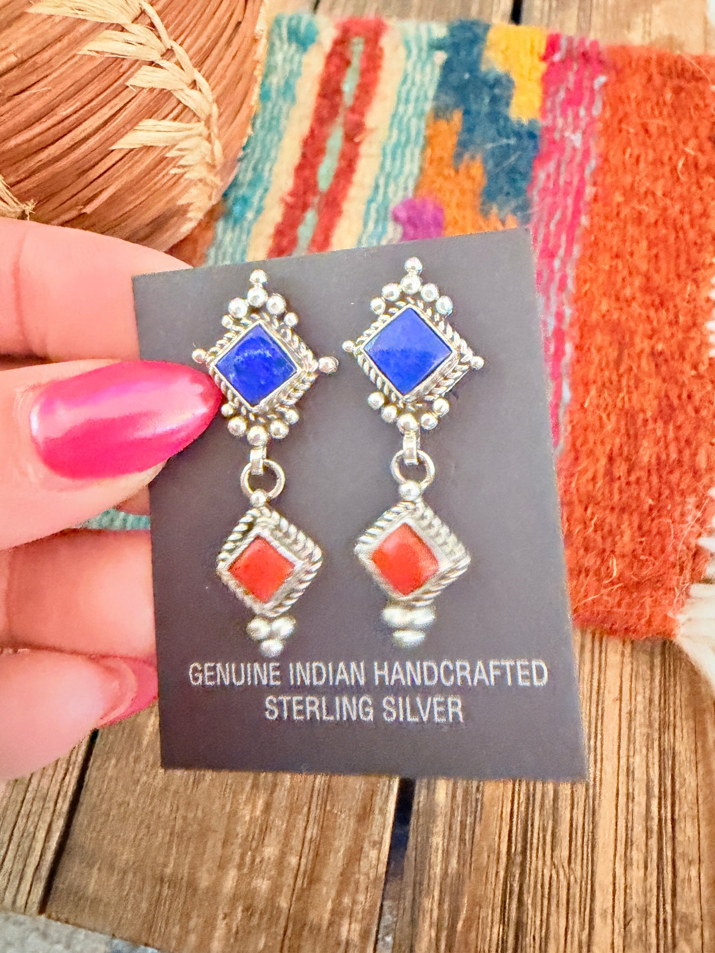 Handcrafted Lapis, Coral & Sterling Silver Dangle Earrings