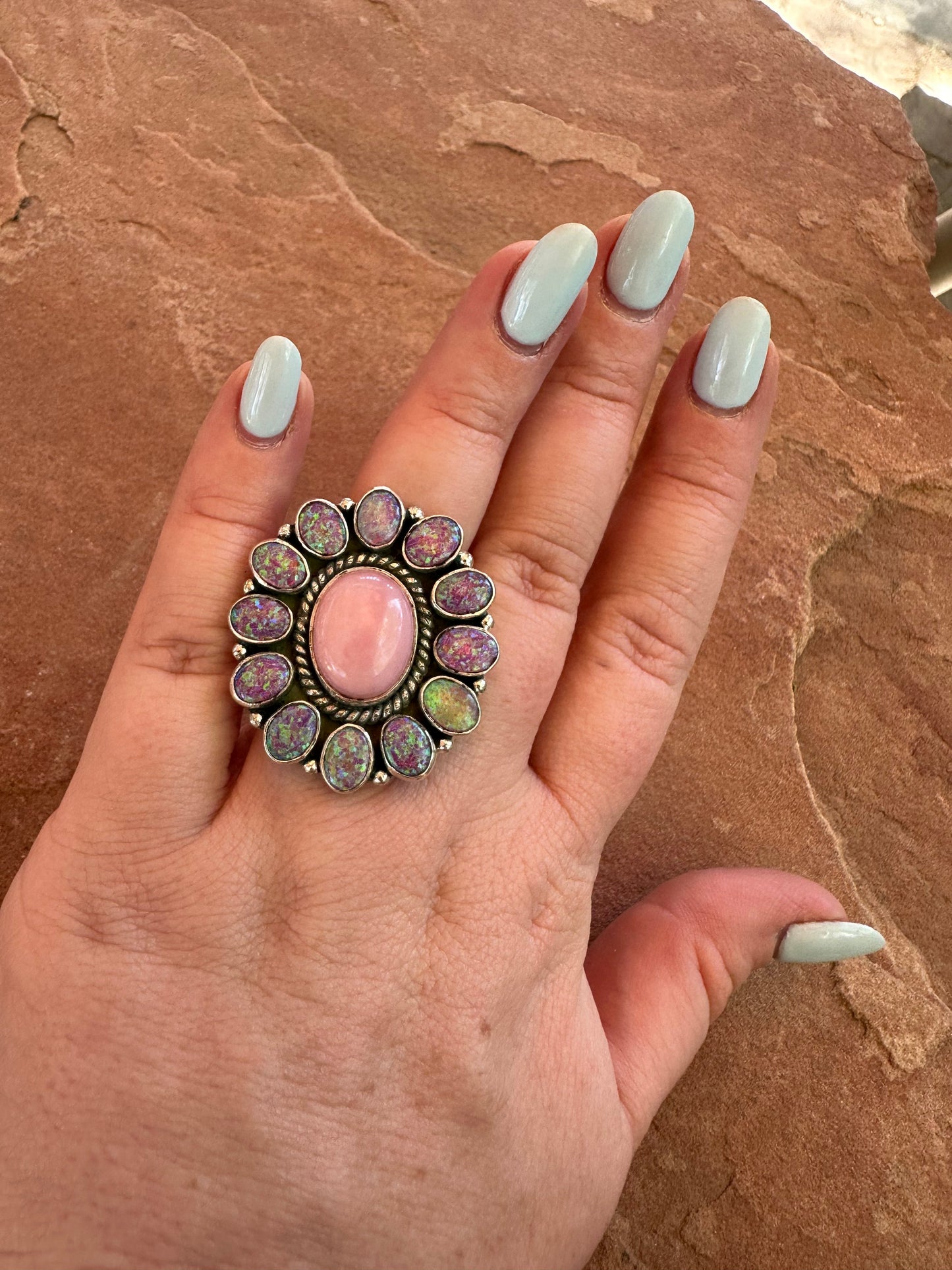 Handmade Pink Conch, Light Purple Fire Opal & Sterling Silver Adjustable Ring- oval