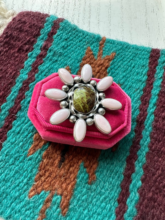 “Pink Blossom” Gorgeous Handcrafted Turquoise, Pink Conch And Sterling Silver Adjustable Flower Ring Signed