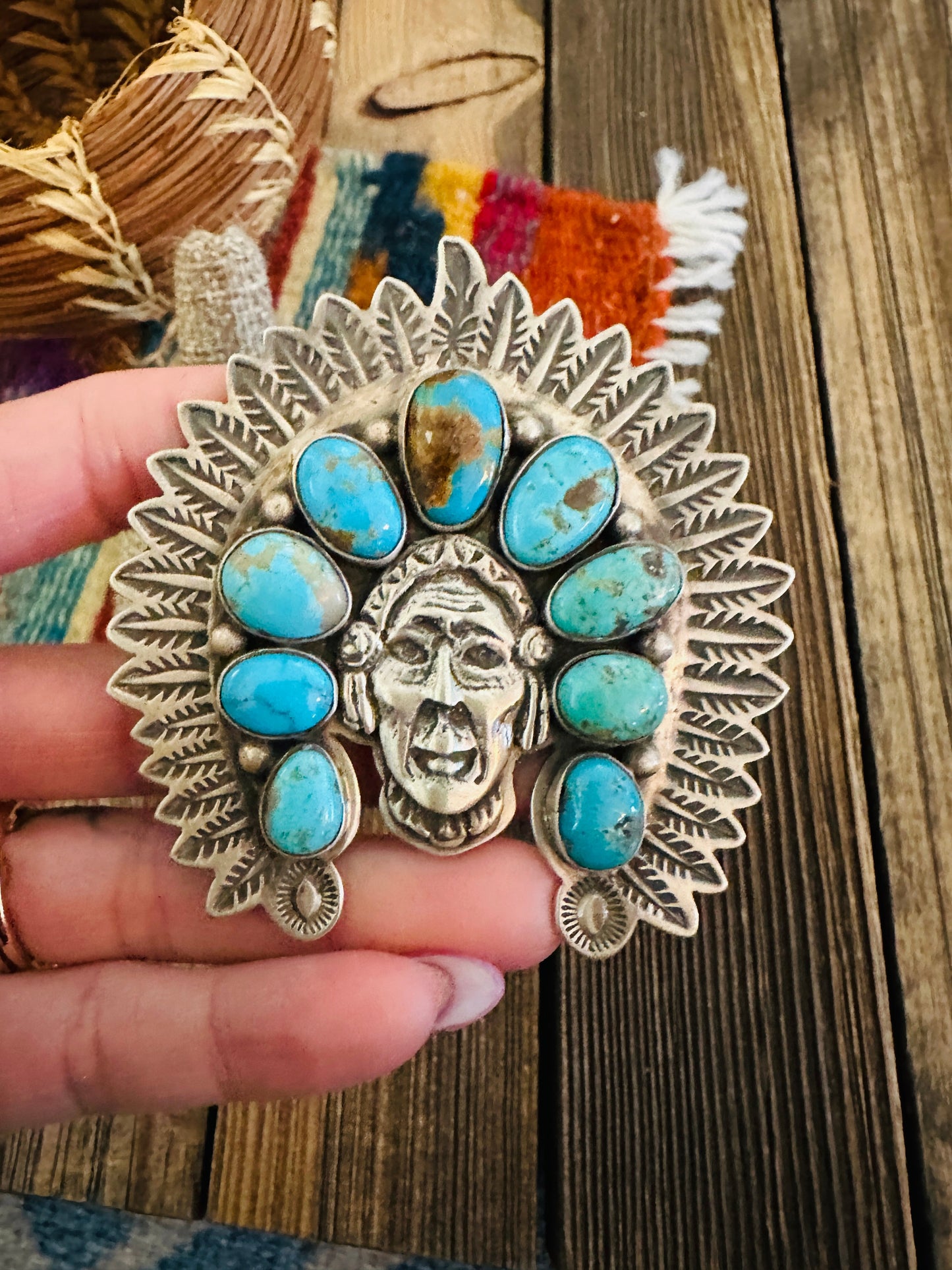 Handcrafted Turquoise & Sterling Silver Adjustable Indian Chief Ring by Charles Johnson